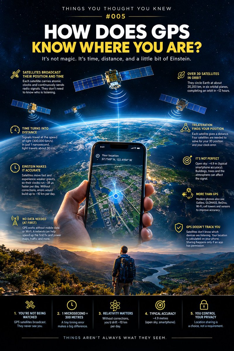 MustyKidh's tweet photo. Things You Thought You Knew #005

How Does GPS Know Where You Are? 📍🛰️

Your phone can show your exact location on a map, even when you're in an unfamiliar place.

But here's what many people don't know: GPS satellites don't take pictures of you, and your phone doesn't send them your location.

So how does your phone know where you are?

The answer involves atomic clocks, the speed of light and even Einstein.

🧵👇