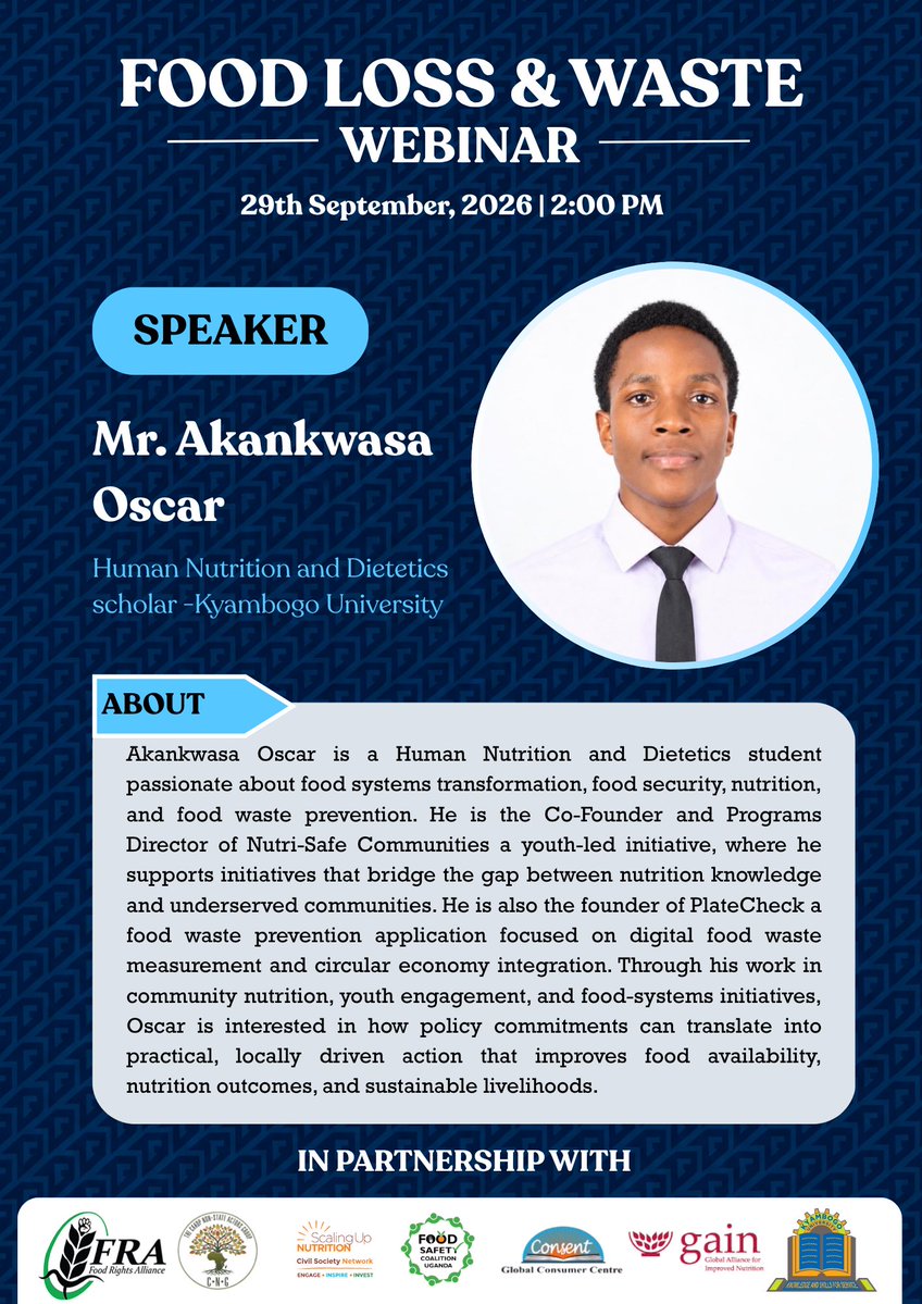 FRAUGANDA's tweet photo. #SpeakerAlert: 𝐘𝐨𝐮𝐭𝐡-𝐥𝐞𝐝 𝐝𝐢𝐠𝐢𝐭𝐚𝐥 𝐬𝐨𝐥𝐮𝐭𝐢𝐨𝐧𝐬 𝐚𝐫𝐞 𝐫𝐞𝐬𝐡𝐚𝐩𝐢𝐧𝐠 𝐡𝐨𝐰 𝐀𝐟𝐫𝐢𝐜𝐚 𝐭𝐚𝐜𝐤𝐥𝐞𝐬 𝐟𝐨𝐨𝐝 𝐥𝐨𝐬𝐬 𝐚𝐧𝐝 𝐰𝐚𝐬𝐭𝐞. 
Tomorrow at 2:00 PM. Oscar Akankwasa, a Human Nutrition Scholar, will share his insights and innovative ideas on practical approaches to reducing #FoodWaste during the webinar.

🔗 Join here: https://t.co/hyZvTY5ILP

@OscarRdn90324