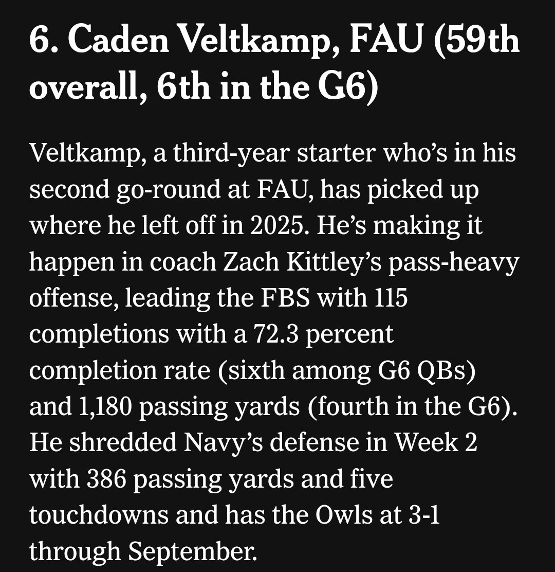 KLVsays's tweet photo. FAU's Caden Veltkamp in @TheAthletic's Top 10 G6 QB's through first quarter of the year. #FAU🦉 https://t.co/ITjxikl6wB https://t.co/gqVvjOuYWy