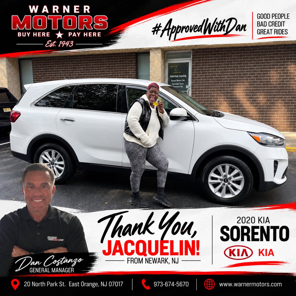 WarnerMotorsInc's tweet photo. ๐ Congratulations to Jacquelin from Newark, NJ on her 2020 Kia Sorento!
Another happy customer APPROVED at Warner Motors! Good people, bad credit, great rides with low down payments and flexible payment options.
#WarnerMotors #BuyHerePayHere #BadCreditNoProblem #ApprovedWithDan https://t.co/ohJzPlnt1n