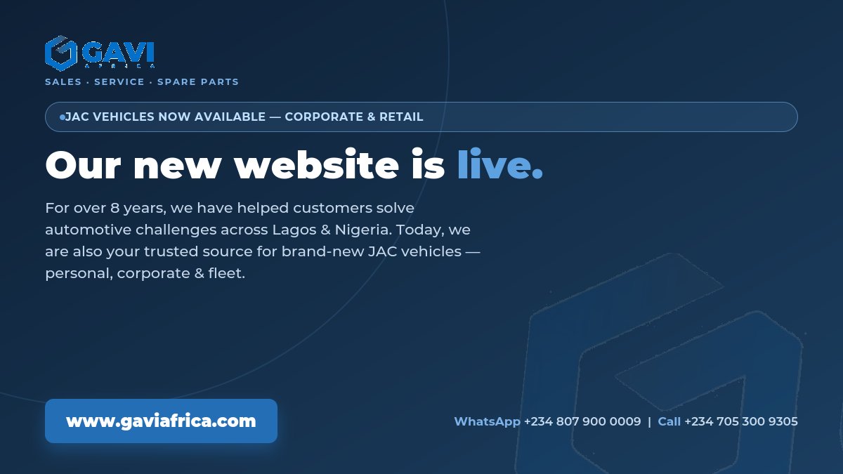GAVIAFRICA's tweet photo. New look. Same trust.
Our new website is now live, and brand-new JAC vehicles are now available through GAVI AFRICA LIMITED for personal, corporate, and fleet customers.
https://t.co/MXtltKqaag
#GAVIAFRICA #JACVehicles #Automotive https://t.co/OaNb1SRNmF
