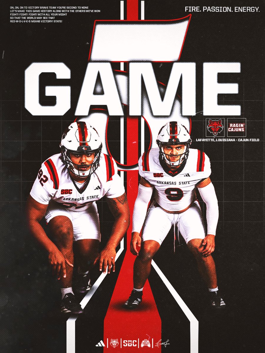 AStateFB's tweet photo. Red Wolves Gameweek‼️

🆚Louisiana Lafayette 
🏟️ Cajun Field  
📅 Saturday, October 3rd
⏰ 7:02 PM Kickoff
📺 ESPN+

#WolvesUp🐺 X #FPE https://t.co/vXUAY2ds0S