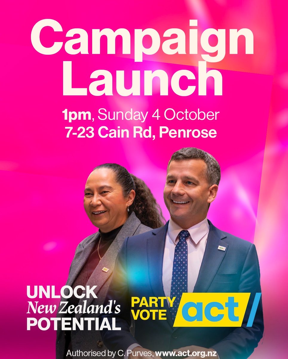 actparty's tweet photo. This Sunday in Auckland, there’s one show in town.

ACT will officially launch our election campaign. Our momentum is growing and this event takes us to the next level.

Come to Penrose, bring the energy, and unlock New Zealand’s potential. RSVP below 👇 https://t.co/EZy0bb0FW6