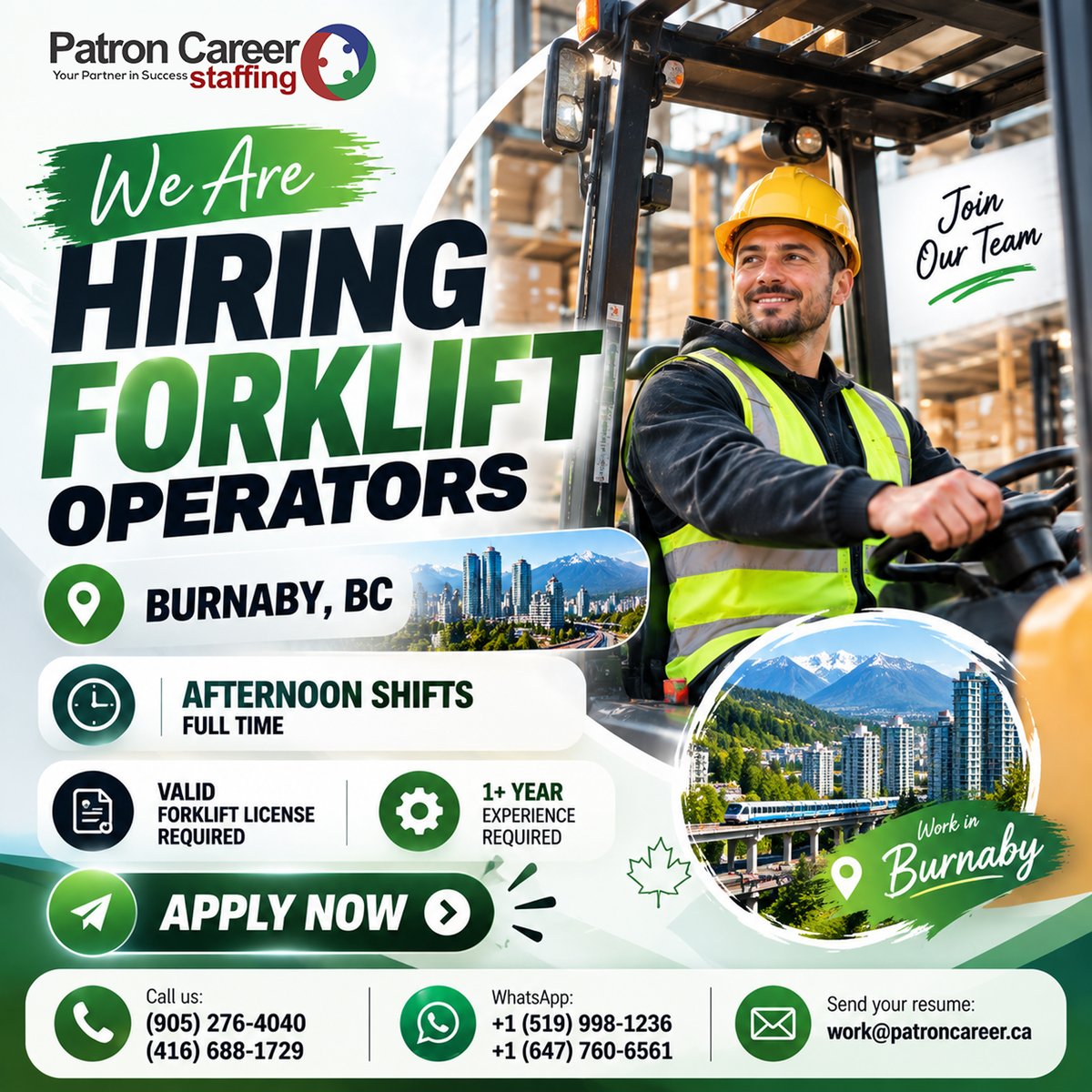 PatronStaffing's tweet photo. π Weβre Hiring: Forklift Operators β Burnaby, BC π
βοΈ Valid forklift license required
π© Apply Online https://t.co/8jGjJN9H6K
π§ Send resume: work@patroncareer.ca
π± WhatsApp: +1 (519) 998-1236
π Call: (905) 276-4040
#Hiring #ForkliftOperator #BurnabyJobs #BCJobs #pcs https://t.co/6rZS2nVvMP