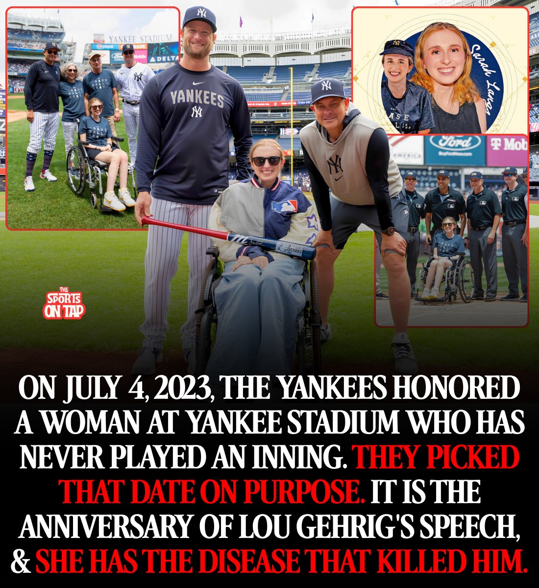 thesportsontap's tweet photo. On July 4, 2023, the New York Yankees honored a woman at Yankee Stadium who has never played an inning of baseball.

They picked that date on purpose. July 4 is the anniversary of Lou Gehrig standing at a microphone in that stadium in 1939 and calling himself the luckiest man on the face of the earth, two years before the disease that now carries his name killed him.

The woman they honored is Sarah Langs. She has ALS.

She is also the person who knows more about baseball statistics than almost anyone alive.

Langs grew up in New York City watching the Mets, and rooting for the San Francisco Giants because her mother did. She went to the University of Chicago, wrote for the student paper, interned everywhere that would take her, and got hired by ESPN as a researcher.

In 2019 she went to MLB, where she became the person the entire sport quietly relies on. When you see a note during a broadcast that says a player is the first to do something since 1954, somebody had to find that. Often it is her.

She noticed something was wrong in 2019. She was diagnosed with ALS in July 2021. She told the public just before the 2022 postseason.

She kept working. She still works.

ALS takes the body and leaves the mind completely intact, which is the cruelty of it. As of last year Langs uses a cloned version of her own voice, built from recordings, so she can still appear on podcasts and still talk about baseball.

She has been named to the first all female broadcast crew in the sport's history. The Baseball Writers Association of America gave her its Casey Stengel award. She started a campaign called FistBumps4ALS that raised more than 25,000 dollars for research. Major League Baseball honored her on Lou Gehrig Day. The Philadelphia Phillies honored her the next year. Last year ALS United gave her the Iron Horse Award.

Gerrit Cole called her a magnetic personality and one of the smartest people in the industry. David Cone called her nothing short of a hero.

And here is what she says about all of it.

"The best way for me personally to raise awareness is simply by being me."

Then this, about Gehrig.

"From what I've read about Gehrig, that's what he would want, to be known for his work first, not his disease."

She is asking to be known for the work.

So know her for the work. The next time you are watching a game and a graphic comes up telling you something nobody in the building knew five seconds ago, somebody found that, and loved doing it, and wanted you to have it.

Baseball has kept its own records for 150 years.

Right now one of the people keeping them is fighting the disease named after the man who gave the most famous speech in the sport's history, in the same stadium, on the same date.

@SlangsOnSports 

For more stories like this, follow us on any platform @thesportsontap