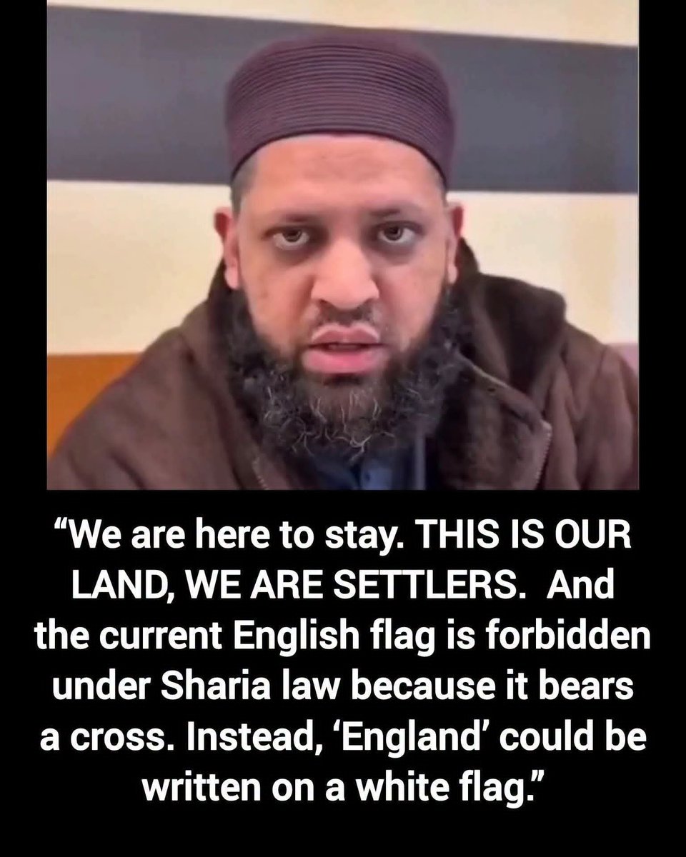 Emily232qpi's tweet photo. 🚨Muslim preacher in the UK  We are here to stay. THIS IS OUR LAND, WE ARE SETTLERS. And the current English flag is forbidden under Sharia law because it bears a cross. Instead, England could be written on a white flag. https://t.co/uEQXDZowT9
