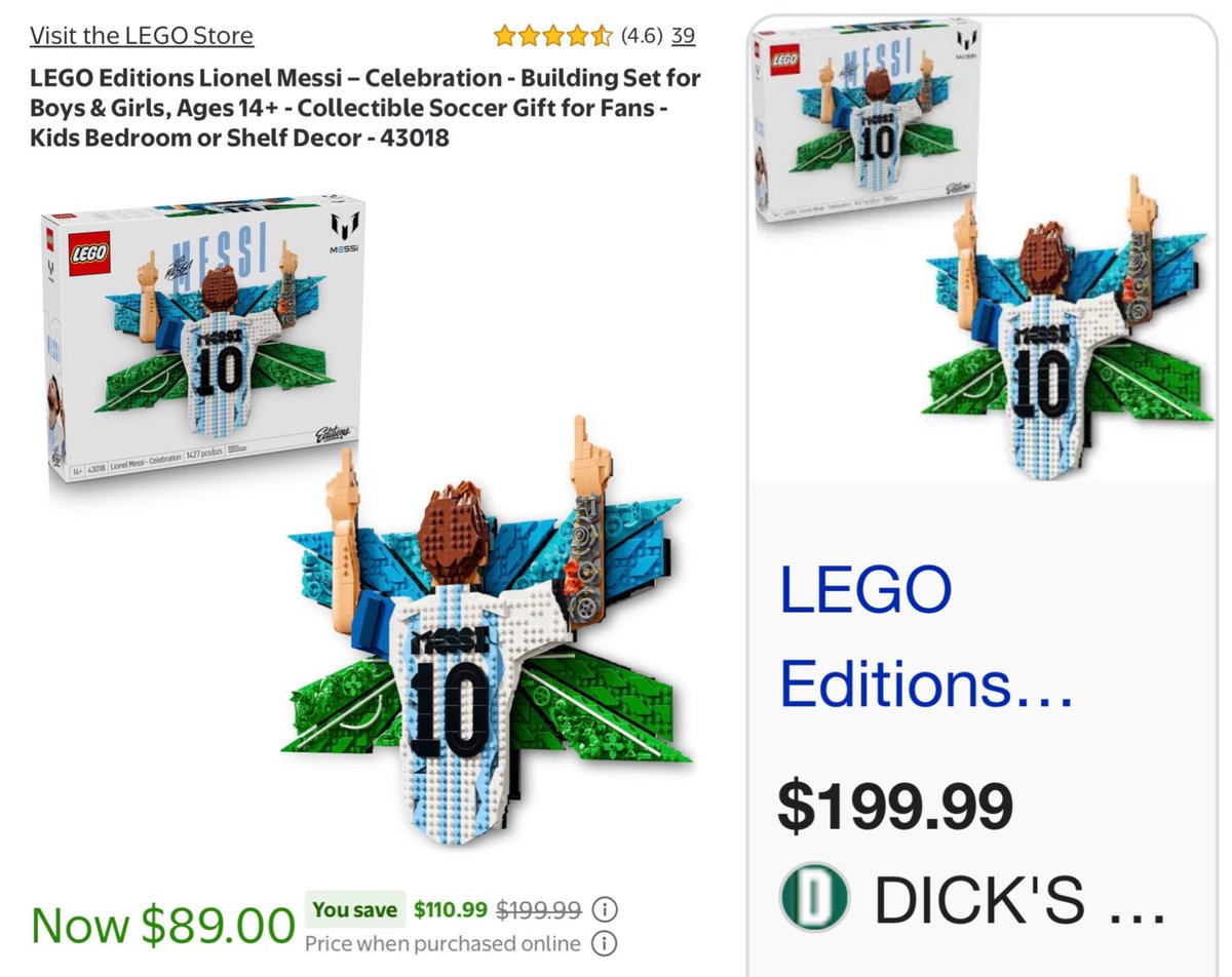 GlitchedDeals's tweet photo. MESSI LEGO SET NOW EVEN CHEAPER

Walmart just dropped this collectible Messi set even further to $89

https://t.co/tqDgNMEbL0

Dick’s Sporting Goods is charging $200 right now

Free shipping + returns included #ad https://t.co/n6r7aZC9lt