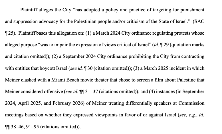 JeninYounesEsq's tweet photo. VICTORY in @adc case Pacheco v. City of Miami Beach! Earlier this year, the Mayor sent police to veteran Raquel Pacheco's house because she had criticized the Mayor's dehumanizing rhetoric against Palestinians on social media.

 The cops refused to leave even though she said she didn't want to speak to them without a lawyer, insinuated her post could be unlawful as it could incite violence, and told her to refrain from posting such content in the future.

Today, the judge in the Southern District of Miami DENIED much of Defendants' motion to dismiss, finding that the police visit could constitute unlawful viewpoint discrimination and retaliation under the First Amendment. The judge also held we could proceed on our theory of municipal liability against the City, because we had alleged facts demonstrating a pattern or practice of discriminating against pro-Palestine speech in the City of Miami Beach. Link to decision below: