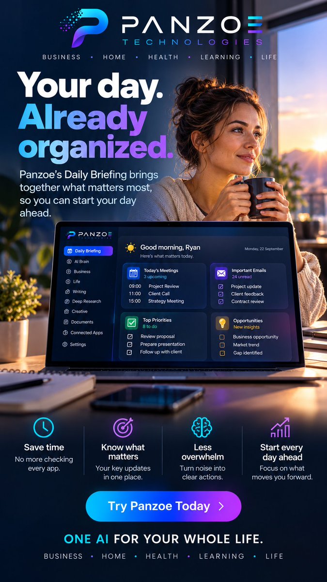 panzoeai's tweet photo. AI shouldn’t mean 10 different apps, 10 different subscriptions, and 10 different places to get things done.

That’s why we built Panzoe.

One AI designed to help across your day — work, business, writing, research, planning, creativity and everyday life.

🧠 An AI Brain that gets to know what matters to you
☀️ A personalized Daily Briefing
💼 AI tools for business and productivity
✍️ Writing and deep research
🎨 Creative tools for images, video and more
🔗 Connected apps that bring your digital world together

Instead of adding another AI tool to your life, Panzoe is being built to become the one place you start.

One AI for Life.

🌐 Web: https://t.co/6FpdJg4pBz
🍎 Apple App Store: https://t.co/6iw6j5bdGp
🤖 Google Play: https://t.co/nUGj7Sn3bu

Try Panzoe today.

#Panzoe #AI #ArtificialIntelligence #AITools #Productivity #SaaS #FutureOfWork #Tech