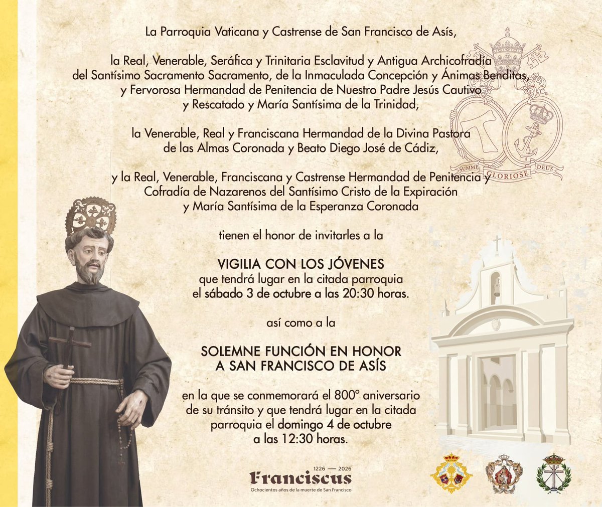 HdadPastora_Sf's tweet photo. #ACTUALIDAD | 800 ANIVERSARIO DEL TRÁNSITO DE SAN FRANCISCO DE ASÍS

El próximo sábado 3 de octubre, vísperas del aniversario, a las 20:30h, se celebrará una Vigilia con los jóvenes en la Parroquia Vaticana y Castrense de San Francisco. https://t.co/rJ3sSZVTzk