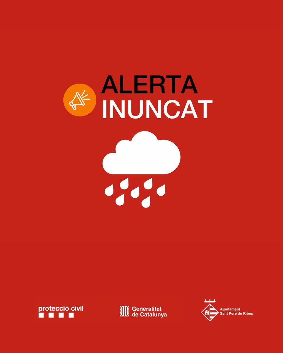 santperederibes's tweet photo. Comunicat d'actualització- ALERTA #INUNCAT
⚠️🌧️EL PLA MUNICIPAL PASSA DE PREALERTA A ALERTA PER PLUGES INTENSES
🕖⚡L’afectació a #SPRibes es preveu especialment dimarts entre les 7 i les 13 h, amb més pluges fortes de 12 a 13h, i probabilitat mitjana de superació de llindars.⚡ https://t.co/iuGgUxAhKb