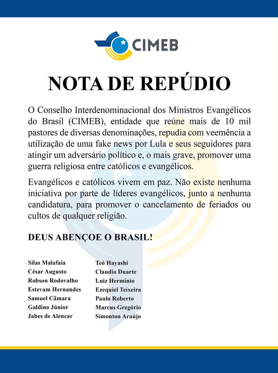 flferronato's tweet photo. Entidade que reúne mais de 10 mil pastores repudia Lula e o acusa de querer criar uma guerra religiosa que NÃO EXISTE https://t.co/aYgefF96Cv