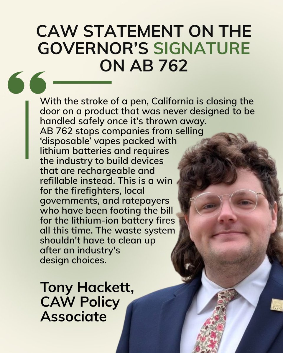 cawrecycles's tweet photo. MAJOR VICTORY! AB 762 (@ASM_Irwin ) has officially been signed into law by Governor Newsom!

This @CalPSC , CAW, @CALPIRG , and @RethinkWaste   bill bans the sale of single-use disposable vapes in California.  

Thank you Assemblymember Jacqui Irwin for championing this bill! https://t.co/Aa6JbMyKGX