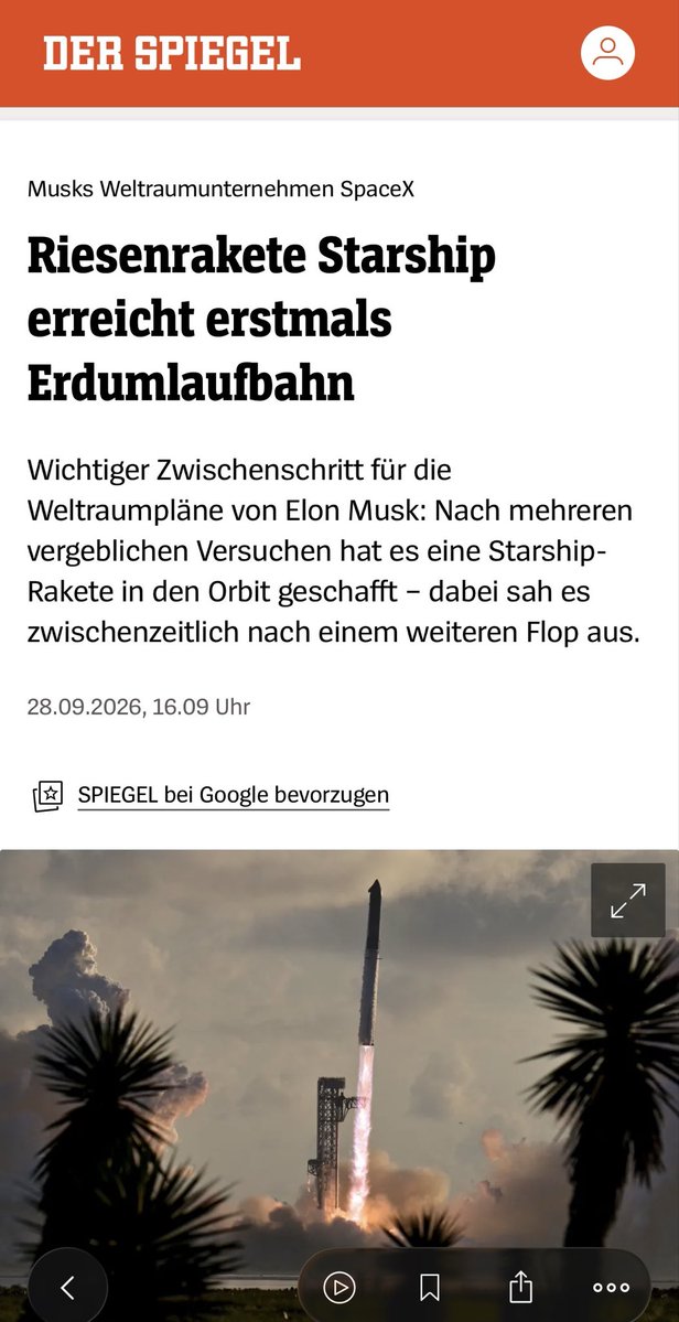 HelmPeter's tweet photo. Die @derspiegel Redakteure haben Null Ahnung von der Materie und hauen ihren Unsinn ohne Prüfung raus.  
Bei den bisherigen Startversuchen war ein Orbit nie geplant, weil ein unkontrollierbarer, 120 Tonnen schwerer Edelstahlkoloss eine ernste Gefahr darstellt, der für lange Zeit im All verweilt. Durch den bisherigen Suborbitbetrieb fällt Starship in kurzer Zeit immer wieder zur Erde zurück. Das ist eine Sicherungsmaßnahme. 

Diesmal war sich SpaceX ihrer Sache so sicher, wie angekündigt, dass der Orbit durch die FAA genehmigt wurde. Das signalisiert den Reifegrad des Projektes. 

Der einzige Unterschied zwischen diesem Flug und den vorherigen, ist ein 12 Sekunden lange Zündung eines der 6 Triebwerke, die Starship von einer Suborbit Umlaufbahn in den Orbit brachte. 12 Sekunden! 

Sprich, dass hätten SpaceX schon immer so tun können, haben das bewusst rein aus Sicherheitsgründen nie getan und damit ist eben nicht so, wie es das unqualifizierte BS Geschwafel des Spiegel darstellen will.   

Dazu wurden heute 20 Starlink Satelliten der neuesten Generation V3 abgesetzt, die so leistungsstark sind, dass man mit „nur“ 37 Starshipflügen mit je 60 Starlinksatelliten, die weltweite Internetkapazität abdecken könnte. Aber die „Qualitätsmedien“ haben ja, wie man hier sehen kann, niemanden mehr, der neutral und inhaltlich recherchieren kann. 
Ich hatte den SpaceX Entwicklungsansatz mal erklärt, aber nimmt sich ja keiner der darüber schreibt zu Herzen, dabei ist es ja kostenlos.