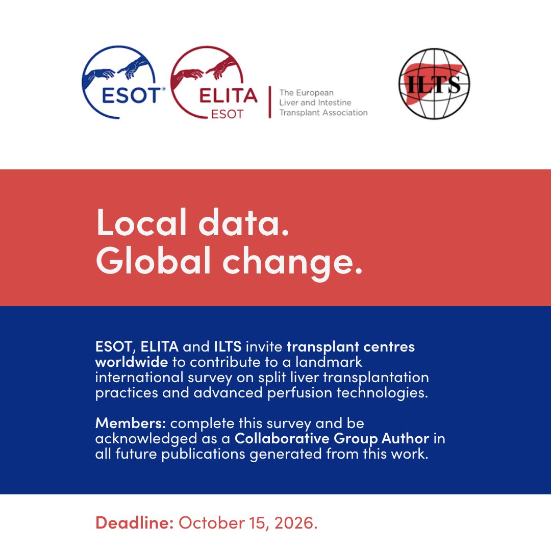 _ILTS_'s tweet photo. Deadline approaching. The ESOT-ELITA-ILTS Split Liver Survey closes October 15. One response per centre, with authorship acknowledgement for contributors. Complete it now: https://t.co/508B7WhLOc 

#ILTS #LiverTransplantation #TransplantResearch https://t.co/B5YacQtPrp