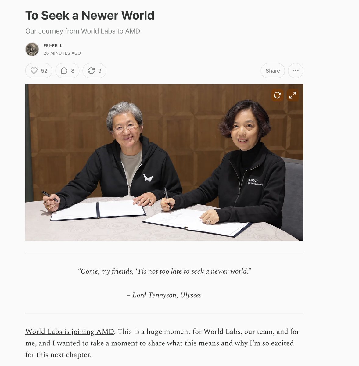 The_AI_Investor's tweet photo. AMD announced a definitive agreement to acquire World Labs for about $8.2B, paid entirely in AMD stock, with closing expected by end of 2026. Fei-Fei Li will join AMD as executive vice president and chief scientist, reporting directly to Lisa Su. World Labs builds spatial intelligence models: its Marble product generates editable 3D environments from text, images or video, and its new Atlas model predicts new camera views from 2D images, solving a long standing computer vision problem called sparse reconstruction. The startup raised $1B in February 2026 from backers including Nvidia, AMD, Autodesk and Fidelity, and had reportedly been targeting a $5B valuation, so AMD is paying a premium over the last round.