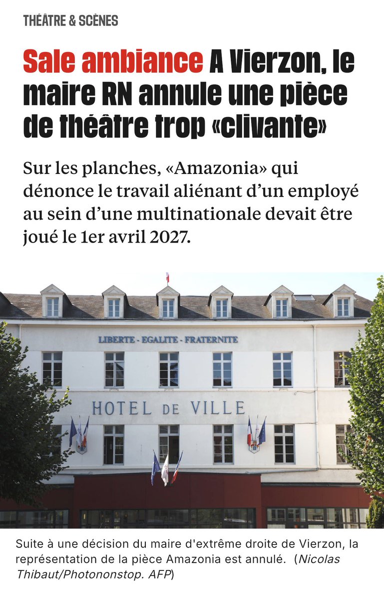 ObsMairiesRN's tweet photo. ALERTE. À Vierzon le maire RN/Reconquête Yannick Le Roux vient de déprogrammer la pièce de théâtre «Amazonia» qui dénonce le travail aliénant d’un employé au sein d’une multinationale. L’extrême droite en première ligne pour mener une politique de censure #ObservatoireMairiesRN https://t.co/xTzqHqc4lF