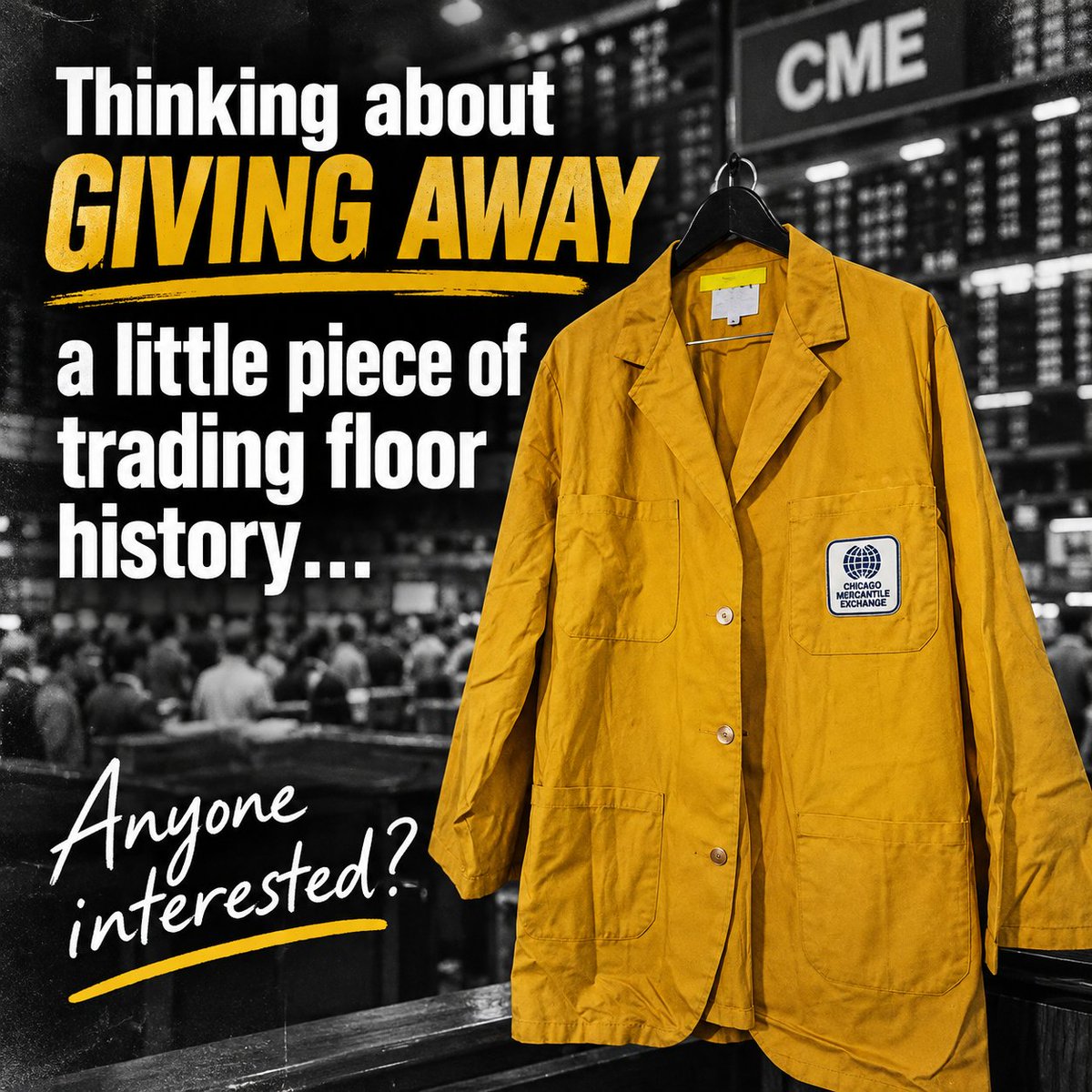 TradersAudio's tweet photo. Thinking about giving away a little piece of trading floor history…One of my original clerk jackets from my days on the floor.
Anyone interested? https://t.co/xT285iXxbW