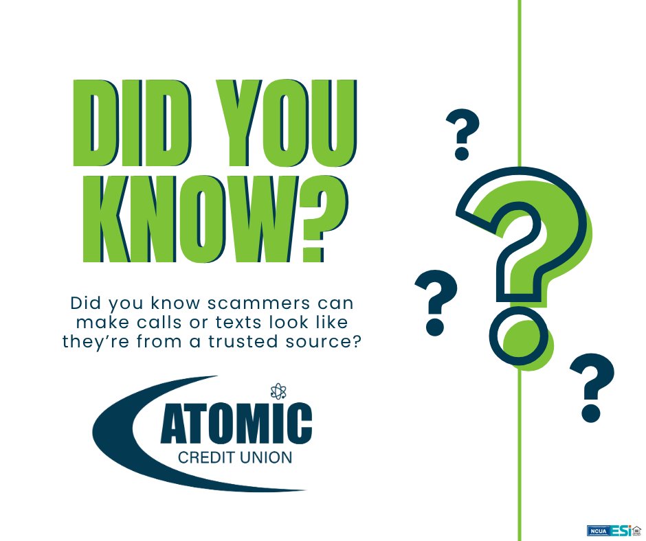 Atomic_CU's tweet photo. 📱⚠️ Did you know scammers can make calls or texts look real?

Spoofing can make a message or phone number seem trustworthy when it’s not. Never share usernames, passwords, or verification codes, and contact your financial institution directly if something feels off.

#ACU4U https://t.co/eM40cgC60f