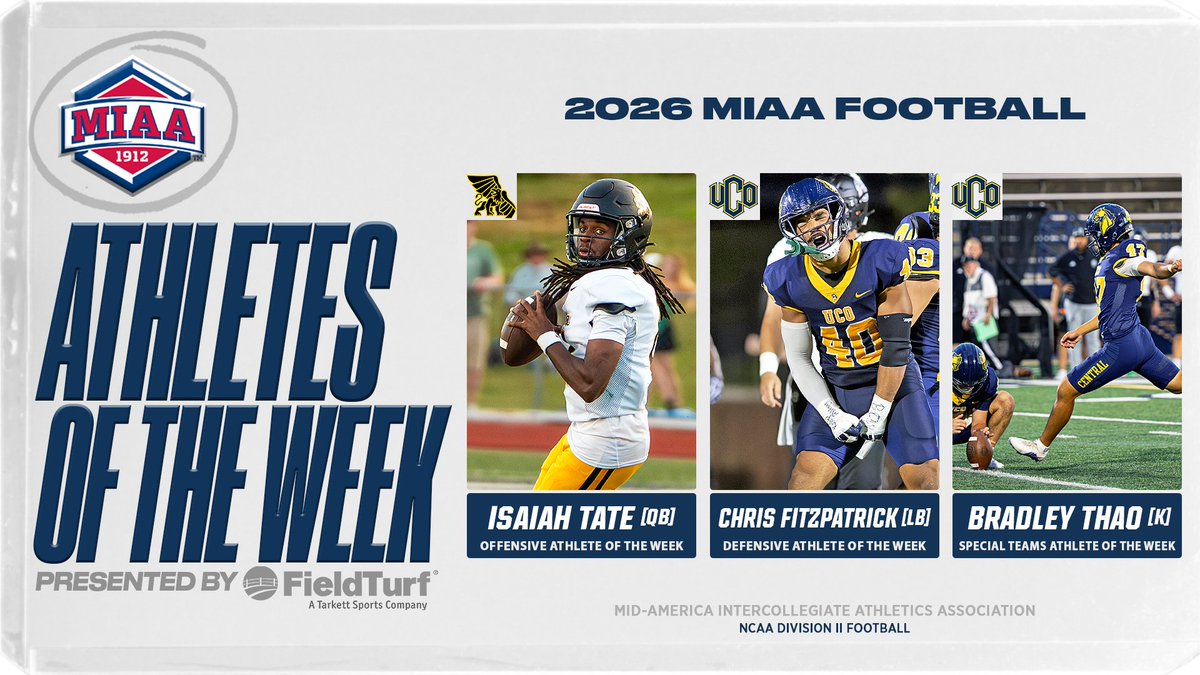 TheMIAA's tweet photo. 🆕🏈 MIAA Football Athletes of the Week, Presented by @FieldTurf ➡️ Week Five

OFFENSIVE: Isaiah Tate, QB, @MWSU_Football
DEFENSIVE: Chris Fitzpatrick, LB, @ucobronchofb
SPECIAL TEAMS: Bradley Thao, K, @ucobronchofb

📰 https://t.co/pRHeFRnsyh
#BringYourAGame https://t.co/hIwG8O3fsd