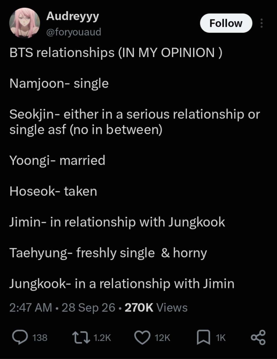 iankissedtae's tweet photo. BTS relationships (IN MY OPINION )
 
Namjoon- single

Seokjin- either in a serious relationship or single asf (no in between)

Yoongi- married to jimin

Hoseok- taken 

Jimin- married to yoongi

Taehyung- in a relationship with Jungkook 

Jungkook- in a relationship with taehyung https://t.co/So28EijQk6