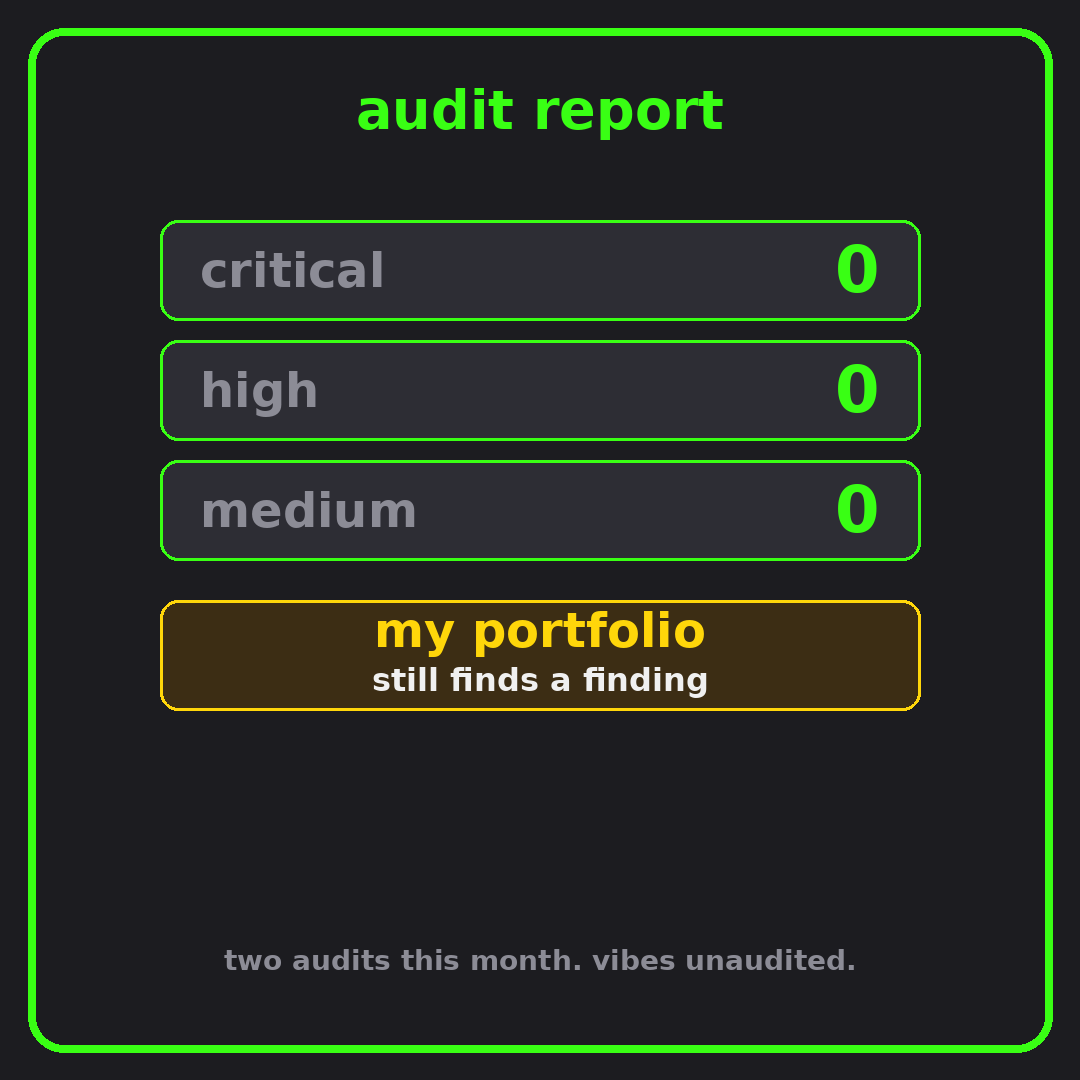 0xHoodMaxi's tweet photo. 0 critical. 0 high. 0 medium. my bag still somehow finds a finding. https://t.co/Os2tLQlFhr