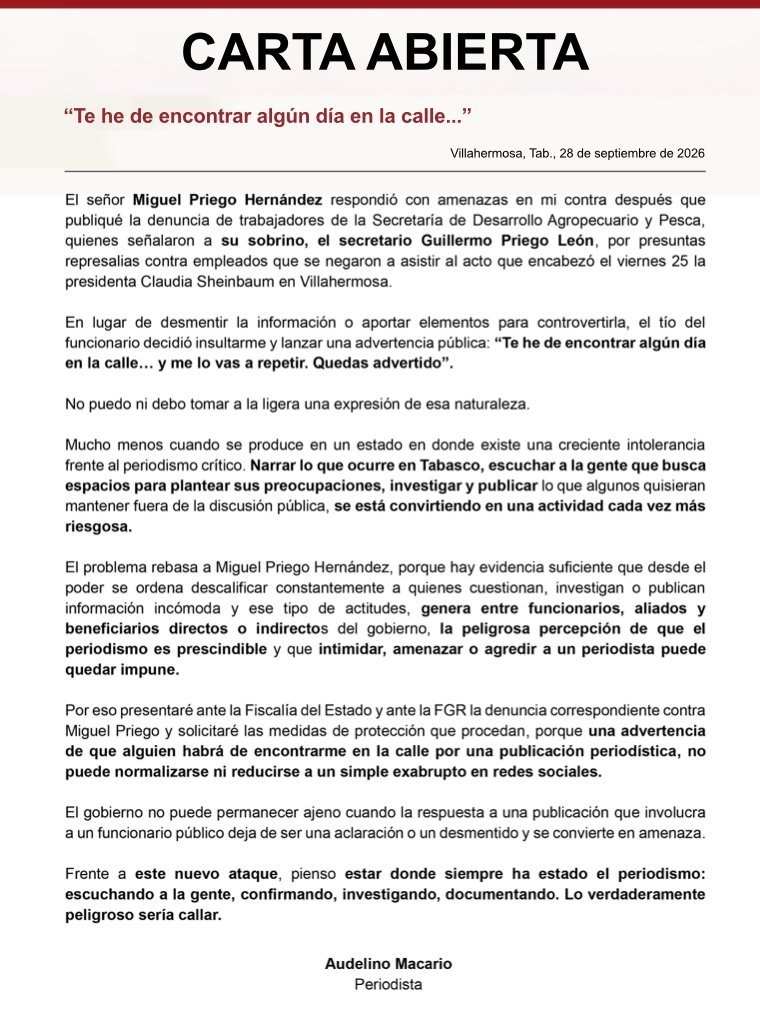 Arouet_V's tweet photo. El periodismo en México vive en riesgo. Amenazan al periodista @audelinomacario. Debemos estar alertas. https://t.co/g2yxMODsjG