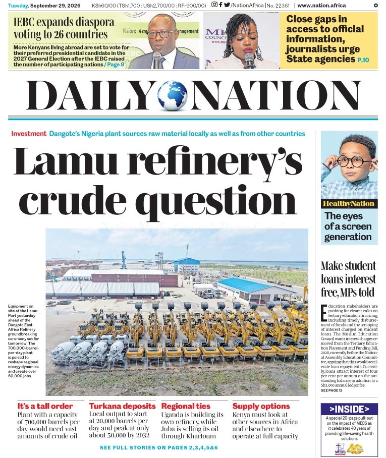 NationAfrica's tweet photo. Lamu refinery's crude question.

Sept 29, 2026 🗞️ 🌍     

Read today's Nation ePaper and follow live updates on https://t.co/dOHYx3Lap0, all in one Daily Nation Premium subscription.     

The complete newspaper replica plus breaking news as it happens. Subscribe for just Sh 350/week.         

Tap here: https://t.co/RCfYi1HGHx 

#YourTrustedNation