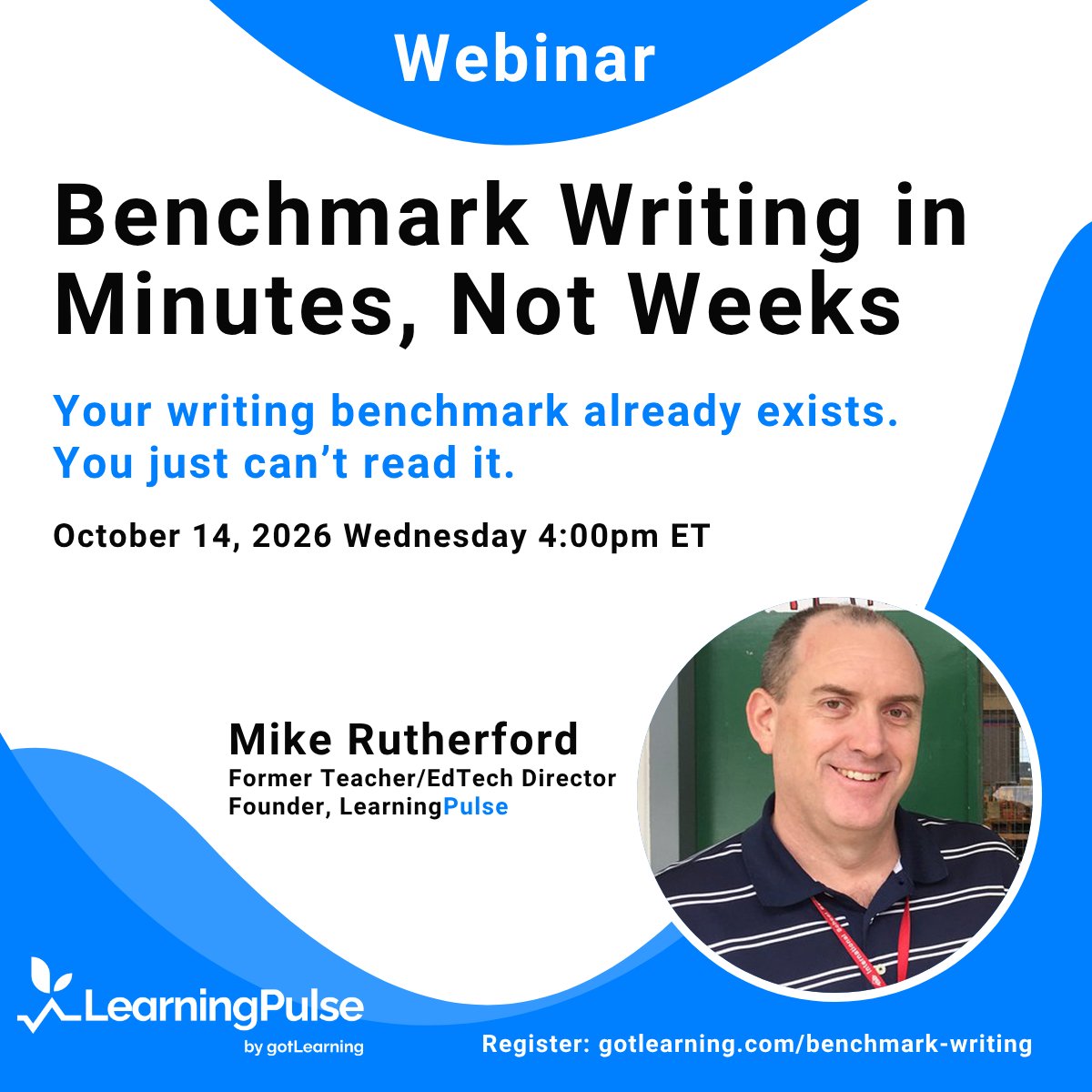 LearningPulse's tweet photo. Reading and math get benchmarked three times a year. Writing doesn't.

The writing benchmark already exists. It's in Google Classroom or Canvas. LearningPulse reads it against your progression, in minutes. No new test.

Live Wed Oct 14, 4pm ET: https://t.co/RgLzf859Xv
#assessment https://t.co/Iv2W97TKZt