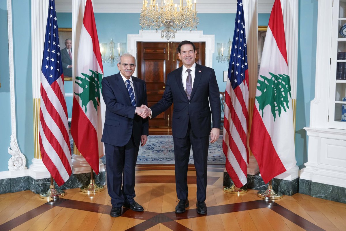 SecRubio's tweet photo. Met with Lebanese Prime Minister Salam today, reaffirming strong U.S. support as Lebanon implements the Trilateral Framework – the only path to a durable peace with Israel. The United States stands with a sovereign Lebanon, free from Hizballah and Iranian influence. https://t.co/p45kH9qCVU