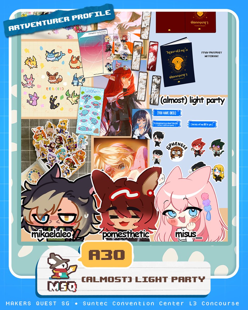 MakersQuestSG's tweet photo. ✨Get ready for raid!✨

A33- JUGON ≠ HEIJI
B34- 3 Wipes Disband
C18- florencemomo
A30- (Almost) Light Party

📍Makers Quest SG
Suntec Concourse L3
17 Oct 2026
10am-7pm
Check out the full map on our website! Link in profile #msqsg2026 https://t.co/MtnVJQ2ks3