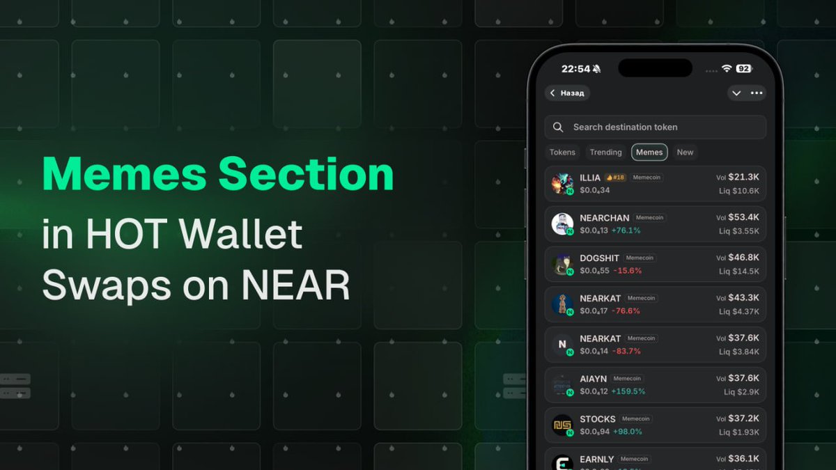 hotdao_'s tweet photo. 🐸 Memes section is now live in HOT Wallet Swaps on @NEARProtocol

Meme wave on NEAR is here, and you asked for a dedicated place to trade it 😇

🔥 New "Memes" tab right in Swaps
🔥 Swap NEAR memes in a few taps

Seeing a wrong price or volume? Tell our support - we're improving it 🤘

❗Memecoin trading is highly risky. DYOR - this isn't financial advice, we simply made a convenient tool for it