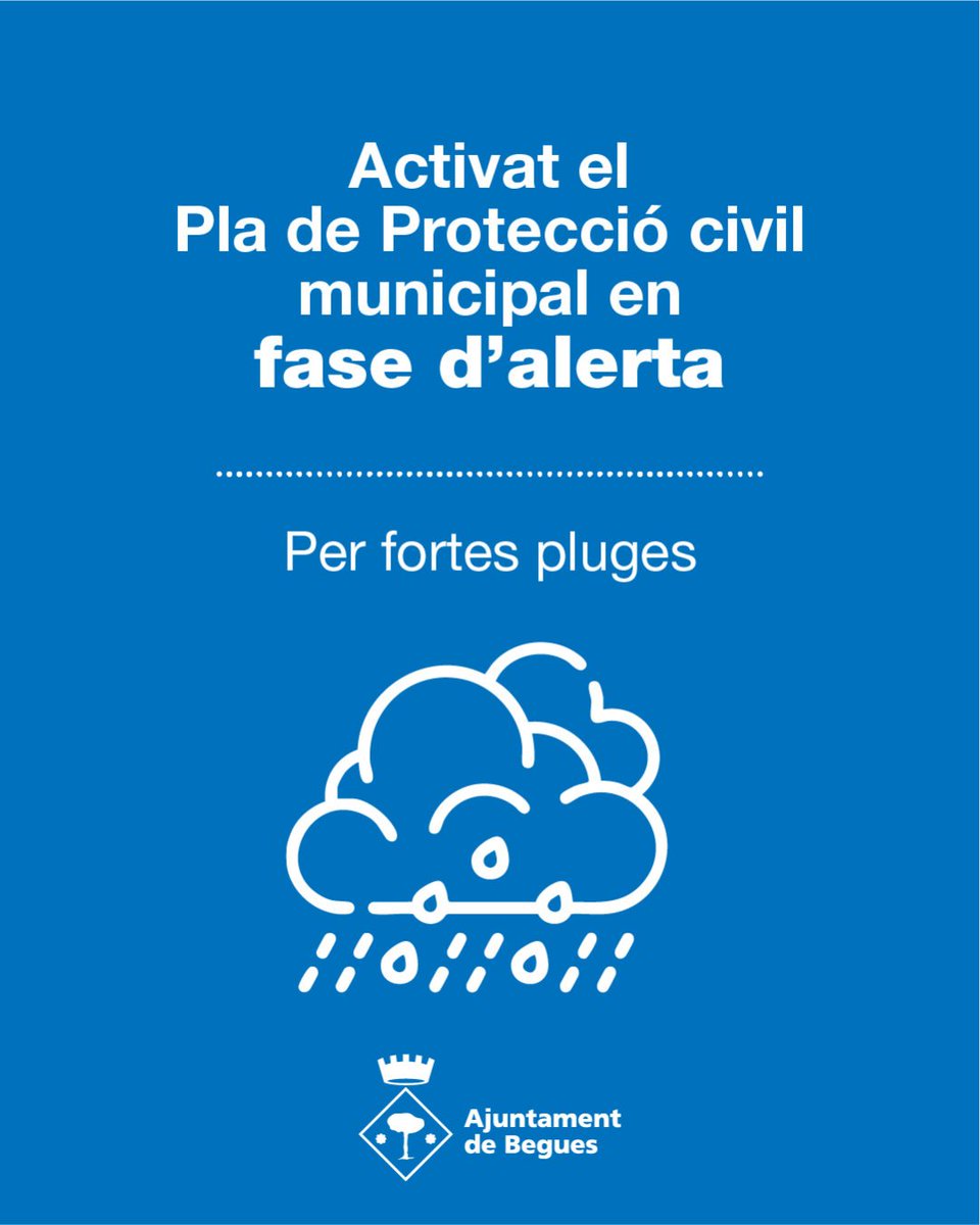 ajbegues's tweet photo. ⚠️ ATENCIÓ. Davant de l’avís de perill molt alt emès pel Servei Meteorològic de Catalunya per risc d'intensitat de pluja per a aquest dimarts al matí, l’Ajuntament de #Begues activa el Pla de Protecció Civil municipal en FASE D’ALERTA.
(Fil 👇) https://t.co/dAVzacBiCA
