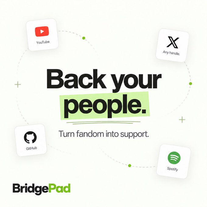 BridgeLaunch's tweet photo. BridgePad lets anyone launch a fan coin for a creator they support.

Pick a creator, launch their coin, and pair it with a stock or memecoin. As people trade the coin, creator fees are generated for them to claim in the paired asset.

It works with YouTube, X, GitHub, Spotify, Twitch, TikTok, and more.

A simple way to show love to the creators you support

CA: 3CnktZ8fsUQhHSQqVFbnWXa5EP9rPu9sQq5ZwUgwpump