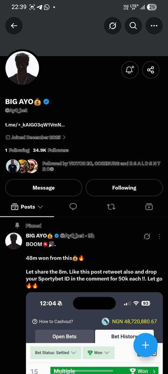 ChinemelumEbuka's tweet photo. If this comes on your tl please report @chrispunt_ he's a fvckn scammer under pretence as a big punter. Yes, the one that flaunts high stakes and millions win on his page. It's all fake

I was scammed by him on the 16th of august this year, then he used the identity 'BIG AYO💰' with the handle @Ay0_bet. I wanted to make a post that day but I just let it be cos it was just 50k. The scam technique is stupid when you look at it now sha so I won't like to go into details, just know I was testing my luck

Today I remembered the incident and checked his profile again from another X account cos the mugu blocked me, only to find out he has reactivated the account under a new identity and his account has even grown bigger since then meaning more people to scam so I can't just let it be anymore.

This is to call him out for the thief he is and create awareness for his next victim(s).
Also @X an investigation into his account activity would be appreciated so his account is taken down. He uses the influence and audience your platform gives him to carry out scams of which we don't know how many victims he's caught so far, mind you he has changed his username over 9 times within just 10months of creating the account. Please do something about it so he don't keep getting away with this.

*This is a picture of his former identity I took after I realized I got scammed