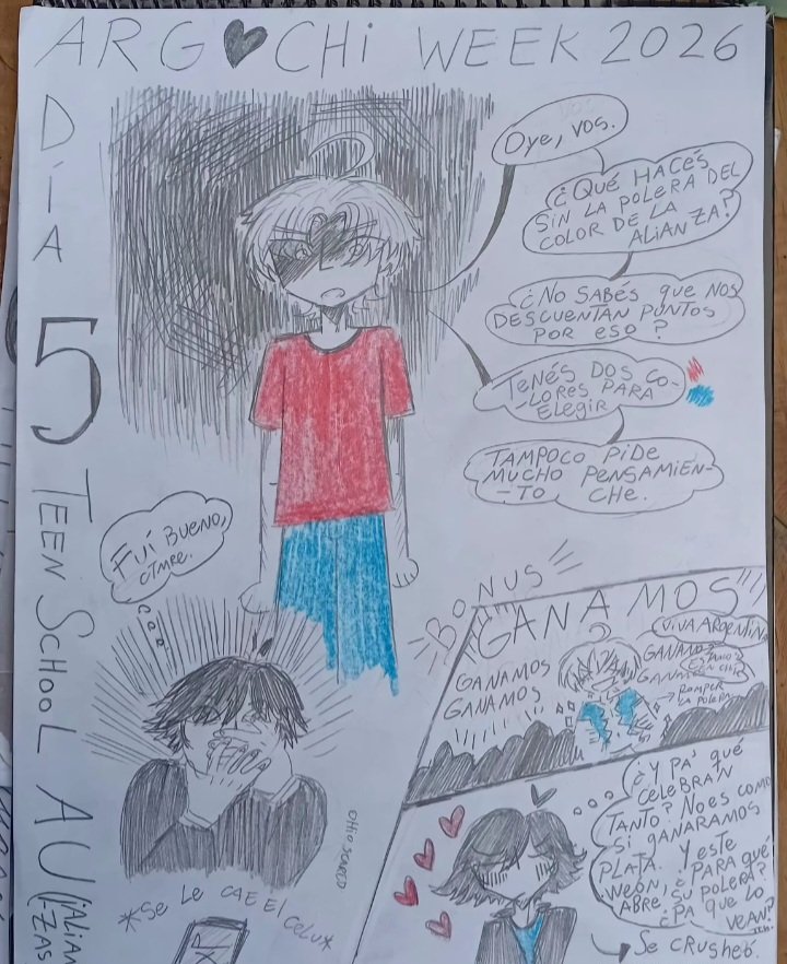 SoloAllertse64's tweet photo. Holiii, hoy traigo el día 5 de la #argchiweek2026 "Teen School AU". Me basé en las alianzas jajajaja. Siempre me imagine que los #argchi eran súper contrarios respecto a ellas. https://t.co/8OiSs5yTUQ