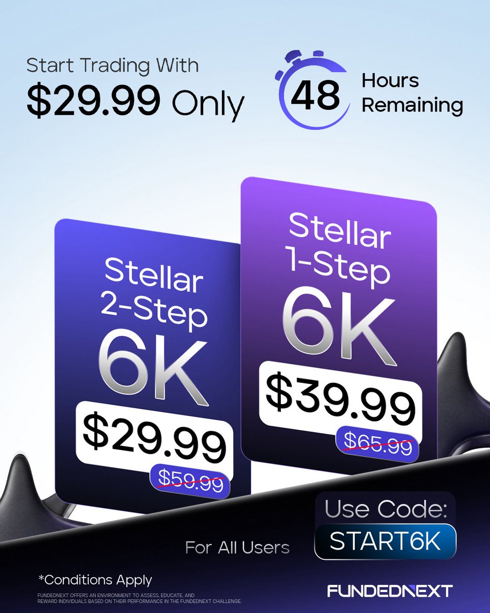 Aeroonfx's tweet photo. 🔥 LIMITED TIME OFFER — 48 HOURS ONLY 🔥  

Get your @FundedNext 6K Stellar Account today for as low as $29.99!  

• 6K Stellar 2-Step: $59.99 ➡️ $29.99
• 6K Stellar 1-Step: $65.99 ➡️ $39.99  

Use code START6K at checkout. Open to all traders!  

🔗 Get Started: https://t.co/qCUE8XFhxo