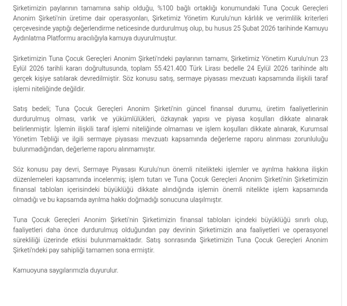 Piyasa4K's tweet photo. #EBEBK Ebebek, Tuna Çocuk Gereçleri AŞ'yi 55.421.400 TL bedelle sattı. https://t.co/XUaYpmSZ0i