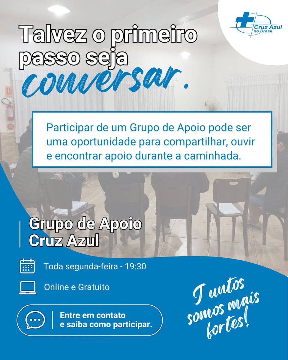 CruzAzul_BR's tweet photo. Às vezes, o peso da vida parece grande demais para carregar em silêncio. 

Mas você sabia que compartilhar suas experiências pode ser o primeiro passo para uma grande mudança? 

Os Grupos de Apoio da Cruz Azul no Brasil são um espaço seguro, acolhedor e sem julgamentos, onde você pode encontrar escuta, compreensão e força para seguir em frente.

Quem já participa confirma:
"É um grupo muito rico, com muitas contribuições especiais. Força!" - Participante

💬 Venha fazer parte dessa história:
Nossos grupos acontecem toda segunda-feira, às 19h30. É online e gratuito.

Não adie o seu bem-estar. Envie uma mensagem para nós agora mesmo e saiba como participar!

#CruzAzulnoBrasil #GruposdeApoio #SaúdeMental #BemEstar #NãoEstáSozinho #Acolhimento #ConversarFazBem #Recomeço #JuntosSomosMaisFortes