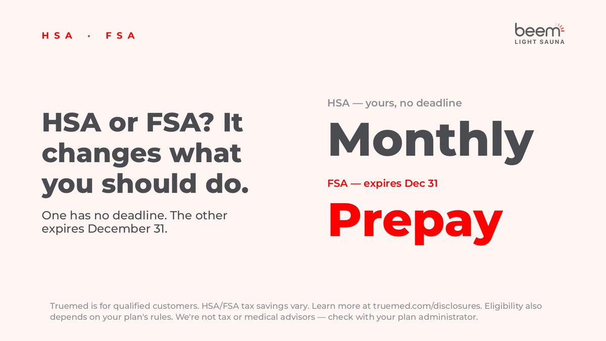 beem_KnappsXing's tweet photo. HSA or FSA? It changes what you should do.
HSA — yours forever, no deadline → monthly membership
FSA — for most plans, ends Dec 31 → prepaid membership, one transaction
Plans vary — check your plan. Both may be HSA/FSA-eligible with a Truemed Letter of Medical Necessity https://t.co/26ReBe4JuC
