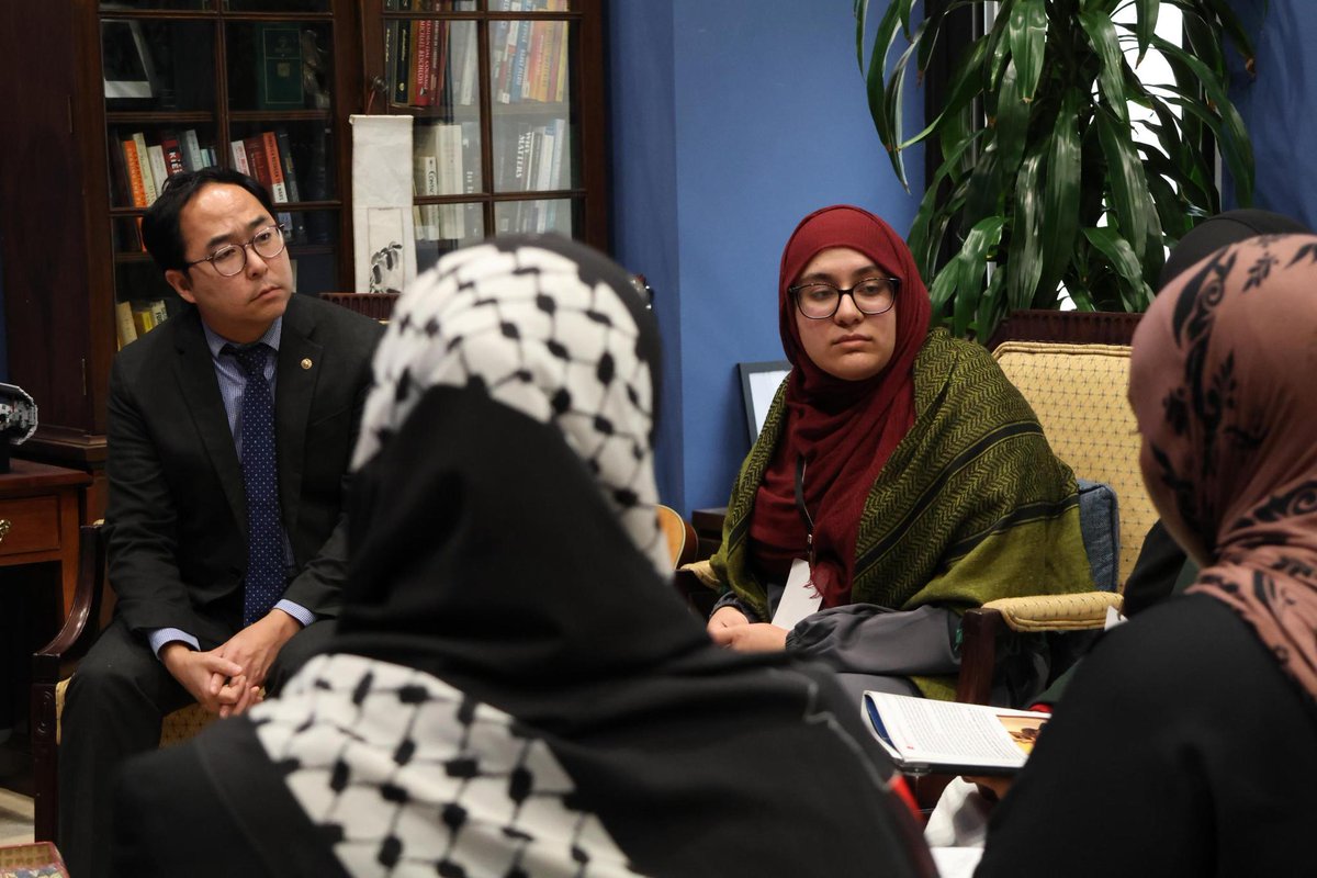 SenatorAndyKim's tweet photo. At the Capitol, I met with Palestinian Americans from New Jersey to hear about what’s on their mind - from the urgent need for humanitarian relief in Gaza to the fears they face speaking out for their communities.

These are difficult conversations, but they are important. Everyone deserves to have their voice heard, their rights protected, and their government listen to their concerns.