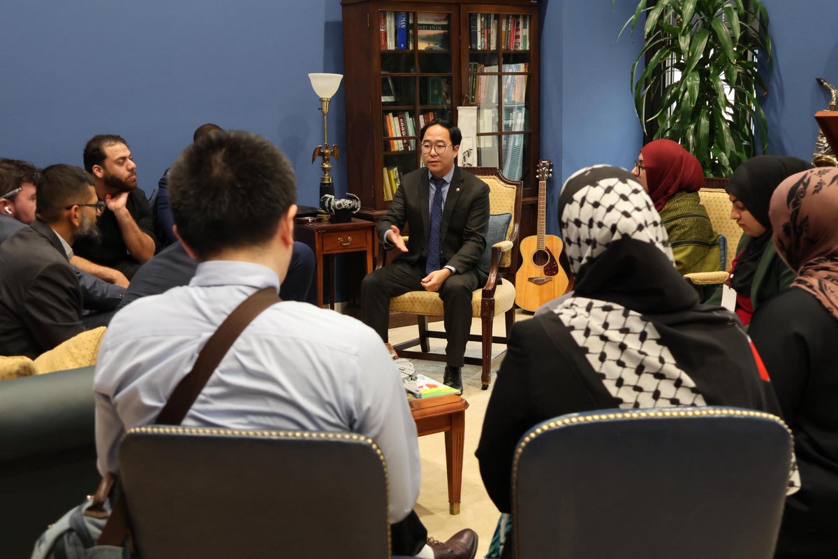 SenatorAndyKim's tweet photo. At the Capitol, I met with Palestinian Americans from New Jersey to hear about what’s on their mind - from the urgent need for humanitarian relief in Gaza to the fears they face speaking out for their communities.

These are difficult conversations, but they are important. Everyone deserves to have their voice heard, their rights protected, and their government listen to their concerns.