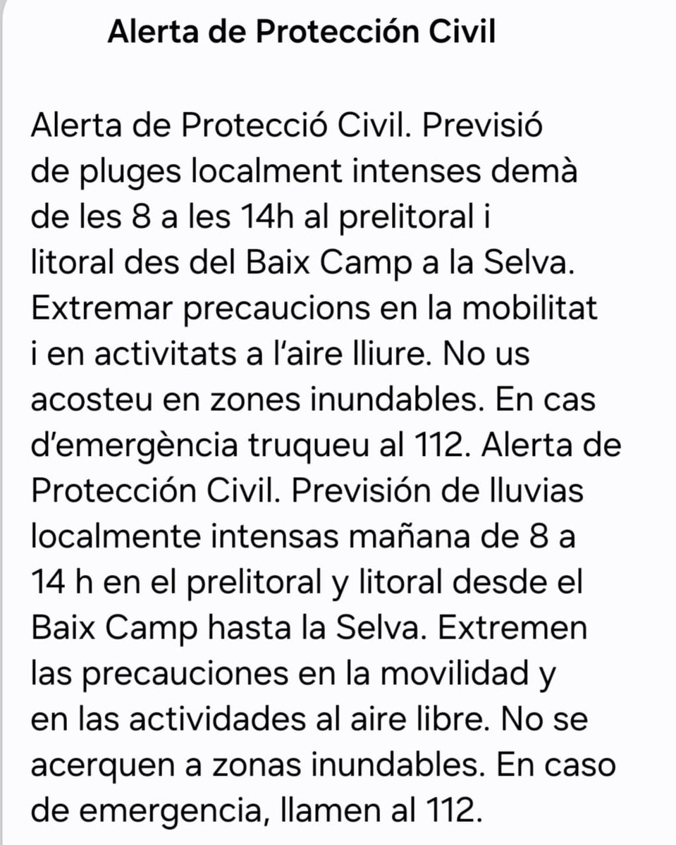 santperederibes's tweet photo. 🚨ENVIAMENT ES-ALERT – ALERTA DE PROTECCIÓ CIVIL PER PLUGES LOCALMENT INTENSES⛈️
El risc molt elevat de pluges intenses a la comarca dimarts, de 8 a 14h, ha estat comunicat per @emergenciescat a través d’un missatge d'alerta al mòbils de la població.
#SPRibes
#Inuncat https://t.co/VDJl60cjFq