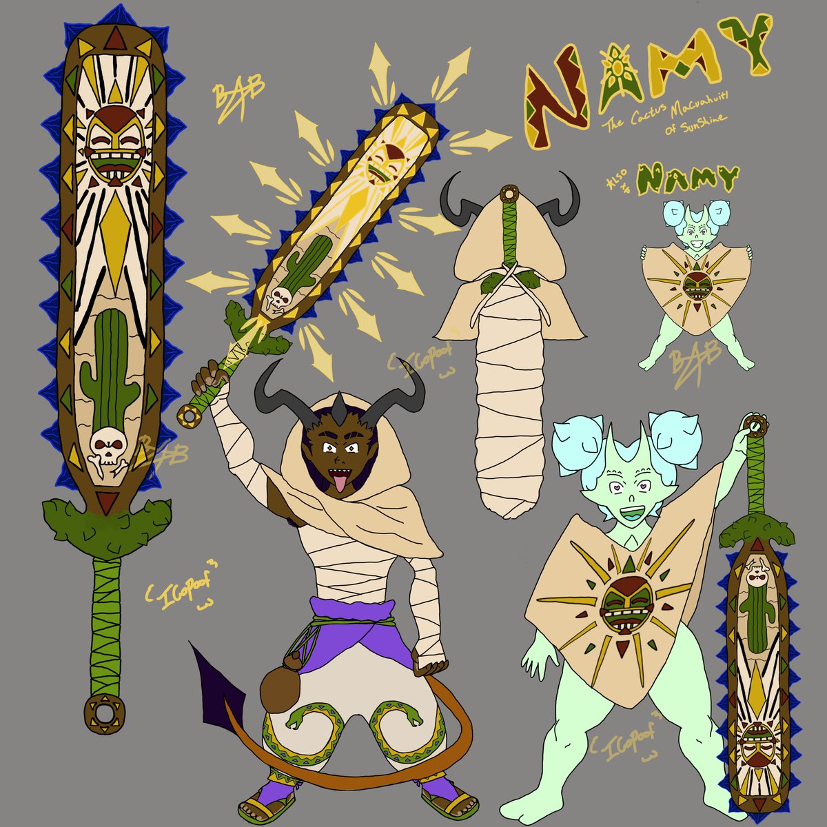 SamuelGoesPoof's tweet photo. Sword 10: Namy the cactus Macuahuitl, a legendary sword Samuel acquired on an adventure on another planet. The home planet of @Vallycuts OC Namy, who Samuel names the sword after her in honor of their shared success. #SamuelTriHorn #SamuelGoesPoof #Swordtember #SamuelsSwords https://t.co/b1rBnEz4R6