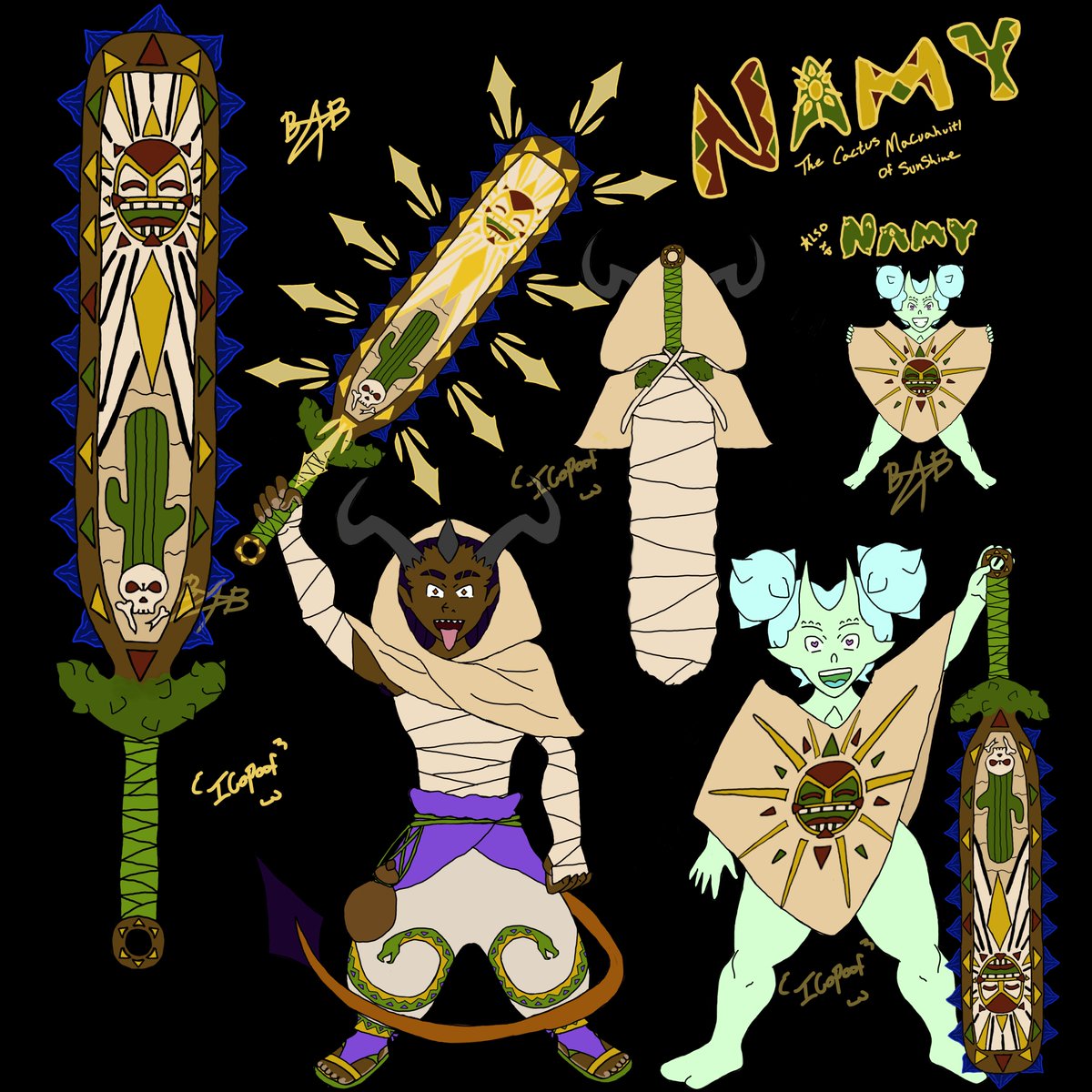 SamuelGoesPoof's tweet photo. Sword 10: Namy the cactus Macuahuitl, a legendary sword Samuel acquired on an adventure on another planet. The home planet of @Vallycuts OC Namy, who Samuel names the sword after her in honor of their shared success. #SamuelTriHorn #SamuelGoesPoof #Swordtember #SamuelsSwords https://t.co/b1rBnEz4R6