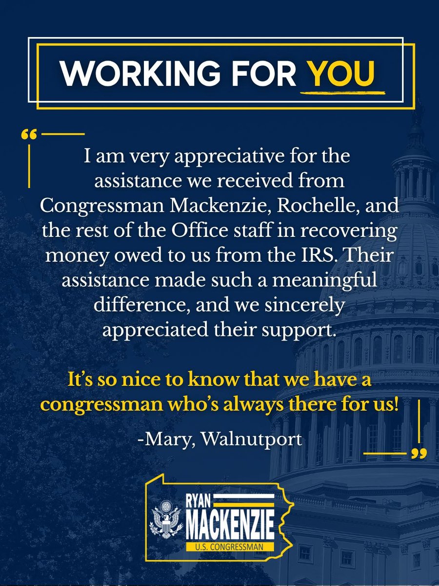RepMackenzie's tweet photo. When you’re having trouble getting answers from a federal agency, my office is here to help.

Mary from Walnutport reached out to our team for assistance recovering money owed to her from the IRS. We were able to step in, work through the issue, and help get her the resolution she needed.

If you’re experiencing an issue with the IRS, Social Security, VA, or another federal agency, my team is ready to assist. Visit https://t.co/0k4FVvB2n5 to learn more.