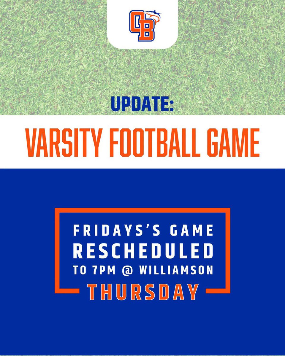 OrangeBeachFB's tweet photo. 🚨SCHEDULE CHANGE🚨
Friday’s game at Williamson will now be played Thursday, 7PM at Williamson. #makos #orangebeach #alhsfb #ahsaa https://t.co/KONSimLkkI