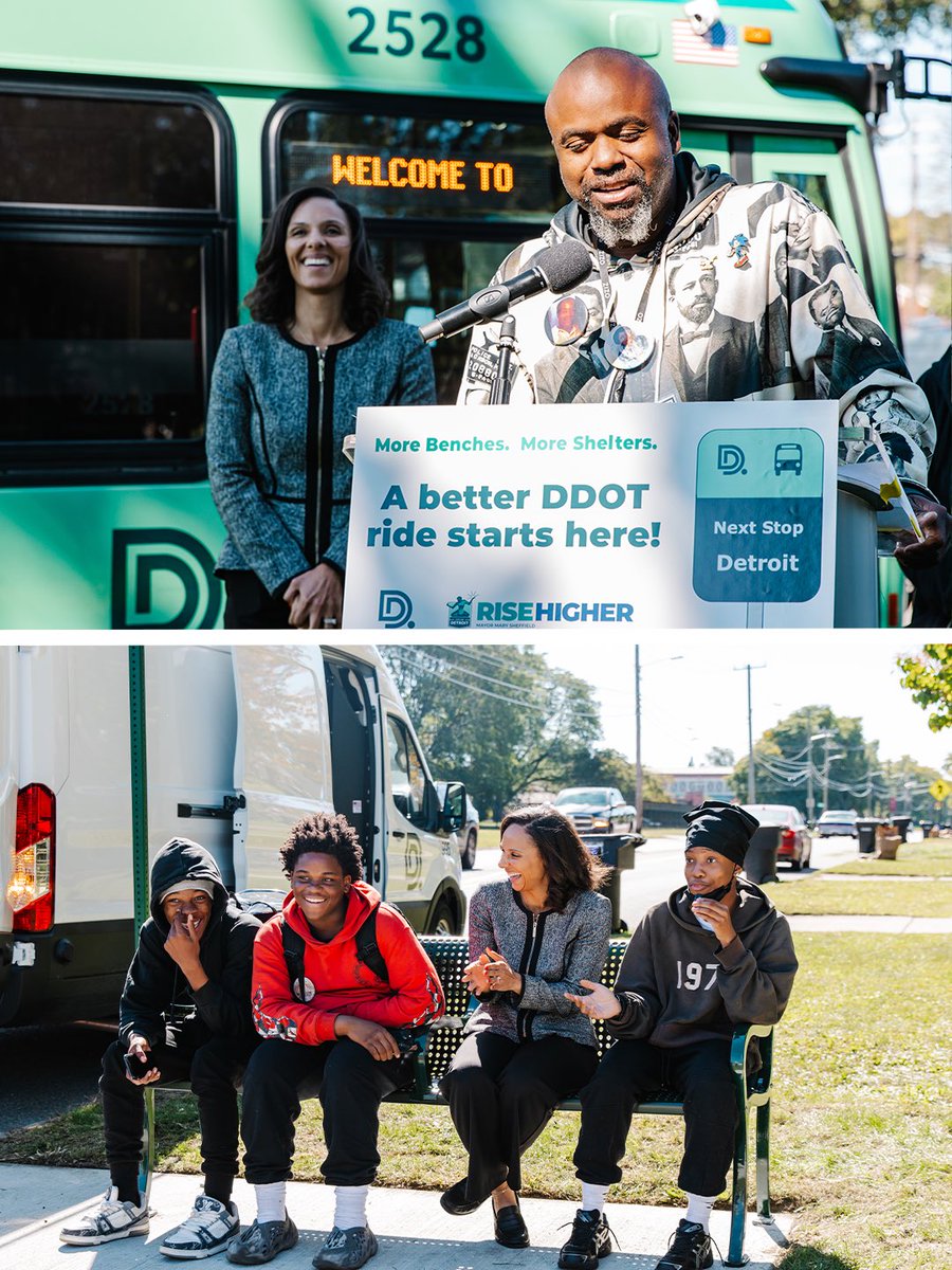 CityofDetroit's tweet photo. Detroit, your bus stops are getting an upgrade. 🚌

Mayor Mary Sheffield and DDOT are investing in a better transit experience with 200+ new benches and 200+ new shelters being installed or upgraded across the city through 2027.

Better stops. Better experience. Better DDOT. https://t.co/Ds8itROwvV
