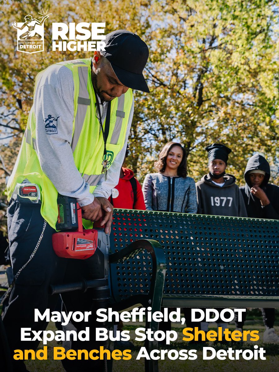 CityofDetroit's tweet photo. Detroit, your bus stops are getting an upgrade. 🚌

Mayor Mary Sheffield and DDOT are investing in a better transit experience with 200+ new benches and 200+ new shelters being installed or upgraded across the city through 2027.

Better stops. Better experience. Better DDOT. https://t.co/Ds8itROwvV