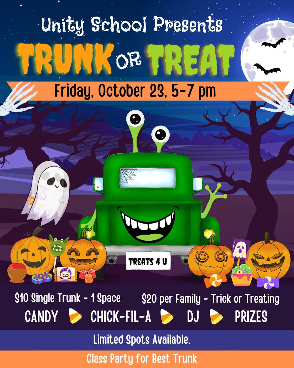 UnitySchoolFL's tweet photo. 🎃 Join us for Trunk or Treat on Friday, October 23rd between 5:00 PM and 7:00 PM! Enjoy candy, Chick-fil-A, a DJ, prizes, and trick-or-treating. Admission is $10/trunk or $20/family. The winning trunk earns a class party! 👻💙🧡

🔗 Register here: https://t.co/o6dUJXoXuw https://t.co/HkTpFiA5rE